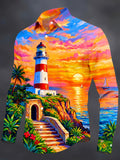 Oceanlyte Men's Coastal Lighthouse Sunset Seascape Print Long Sleeve Shirt with Chest Pocket