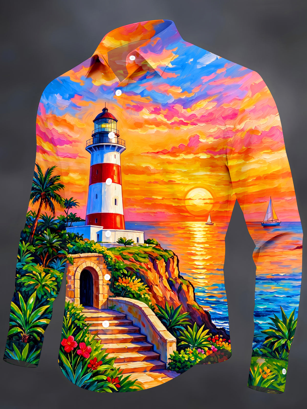Oceanlyte Men's Coastal Lighthouse Sunset Seascape Print Long Sleeve Shirt with Chest Pocket