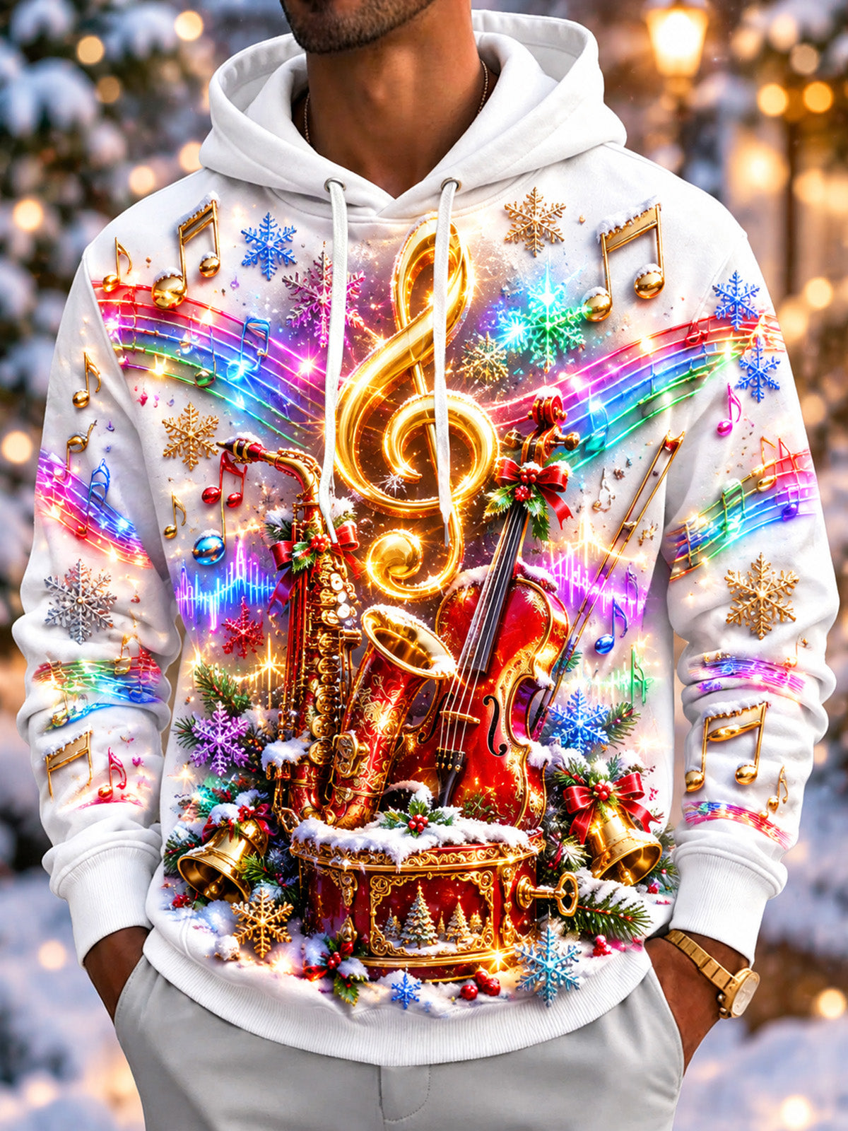 Oceanlyte Men's Long Sleeve Hoodie - Musical Instruments And Christmas Elements Print