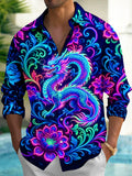 Oceanlyte Men's Graphic Neon Fantasy Dragon Print Long Sleeve Shirt with Chest Pocket
