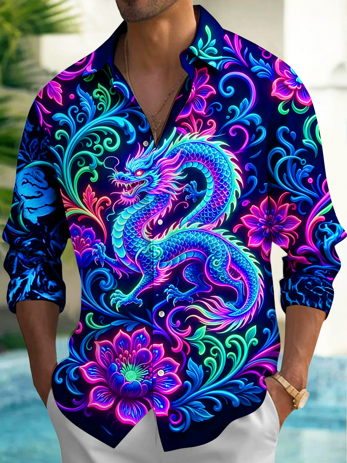 Oceanlyte Men's Graphic Neon Fantasy Dragon Print Long Sleeve Shirt with Chest Pocket