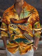 Oceanlyte Men's Hawaiian Sea Turtle And Sailing Ship Print Long Sleeve Shirt with Chest Pocket