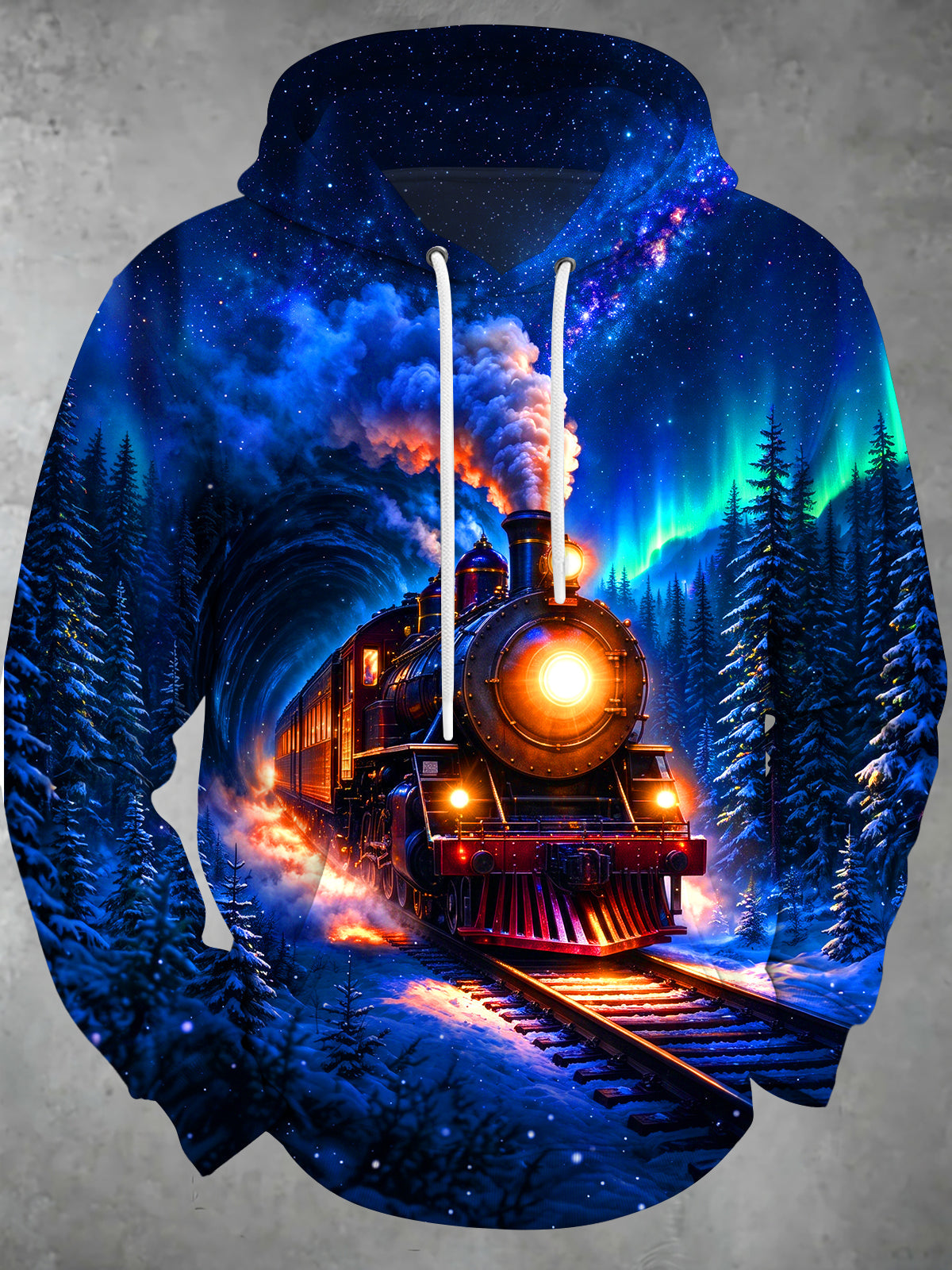 Oceanlyte Men's Long Sleeve Pullover Hoodie - Steam Train In Winter Night Landscape Print with Kangaroo Pocket