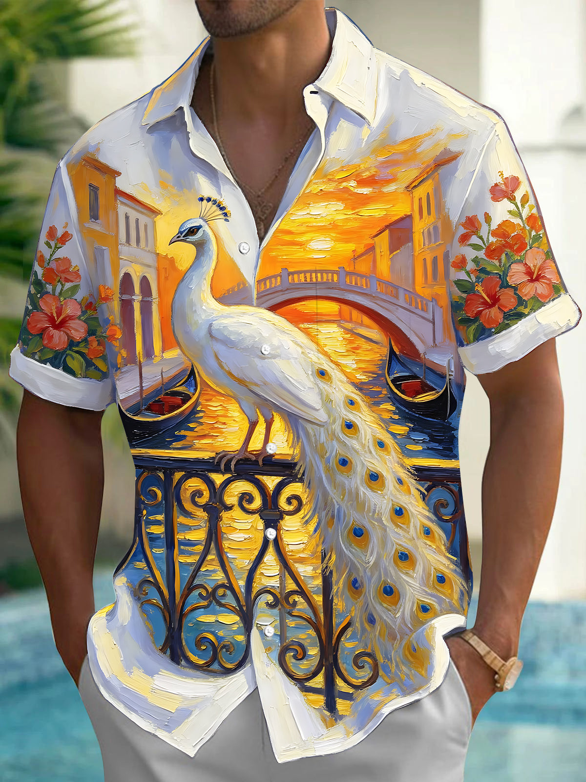 Oceanlyte Men's White Peacock And Venice Canal Scene Print Short Sleeve Shirt with Chest Pocket