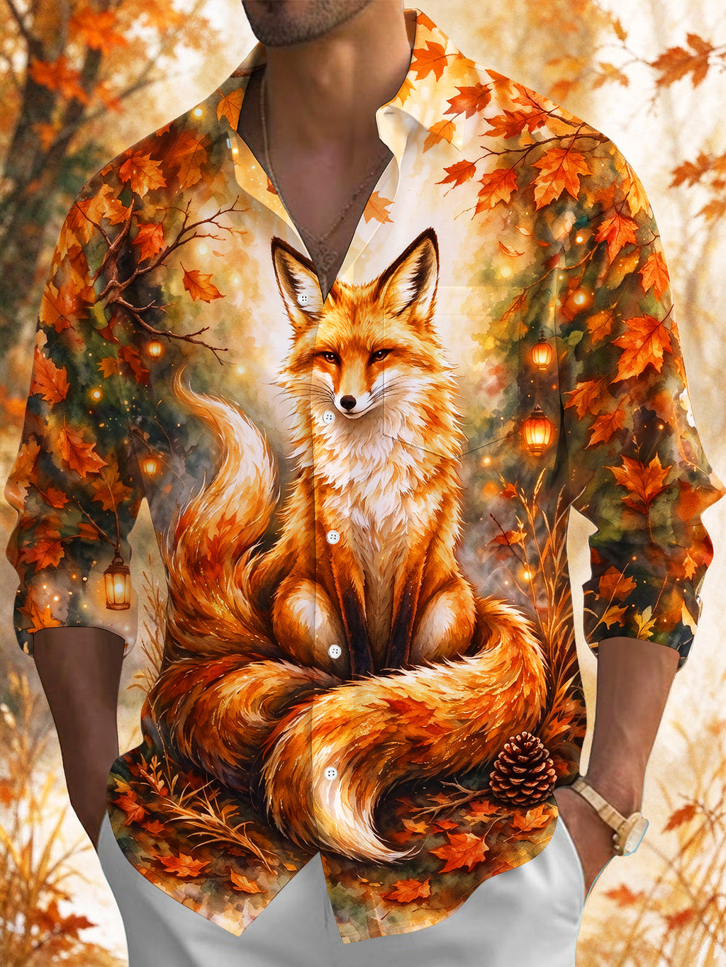 Oceanlyte Men's Autumn Fox With Lanterns And Leaves Print Long Sleeve Shirt with Chest Pocket