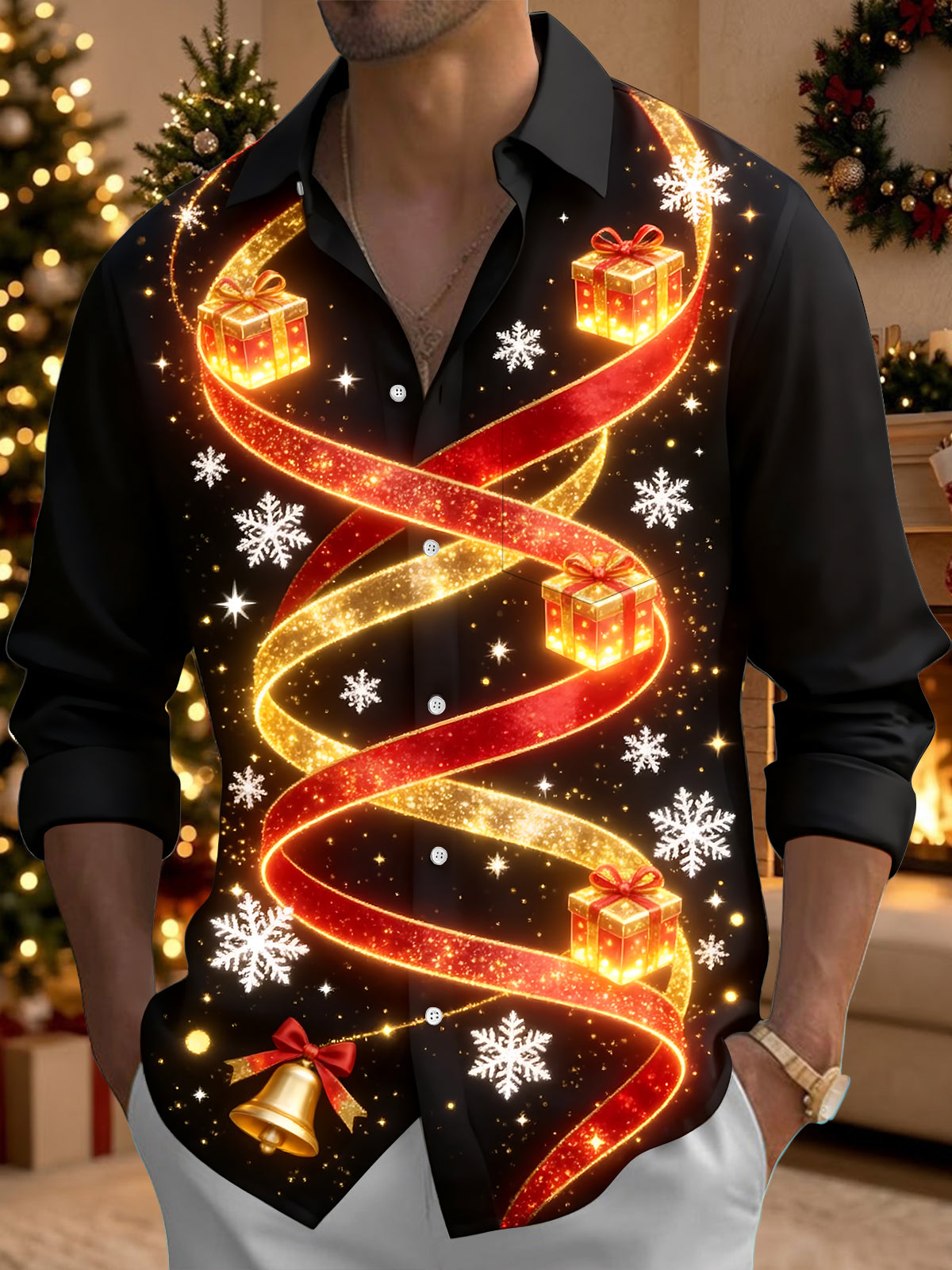Oceanlyte Men's Long Sleeve Shirt - Christmas Gift Boxes And Snowflakes With Ribbon Print with Chest Pocket