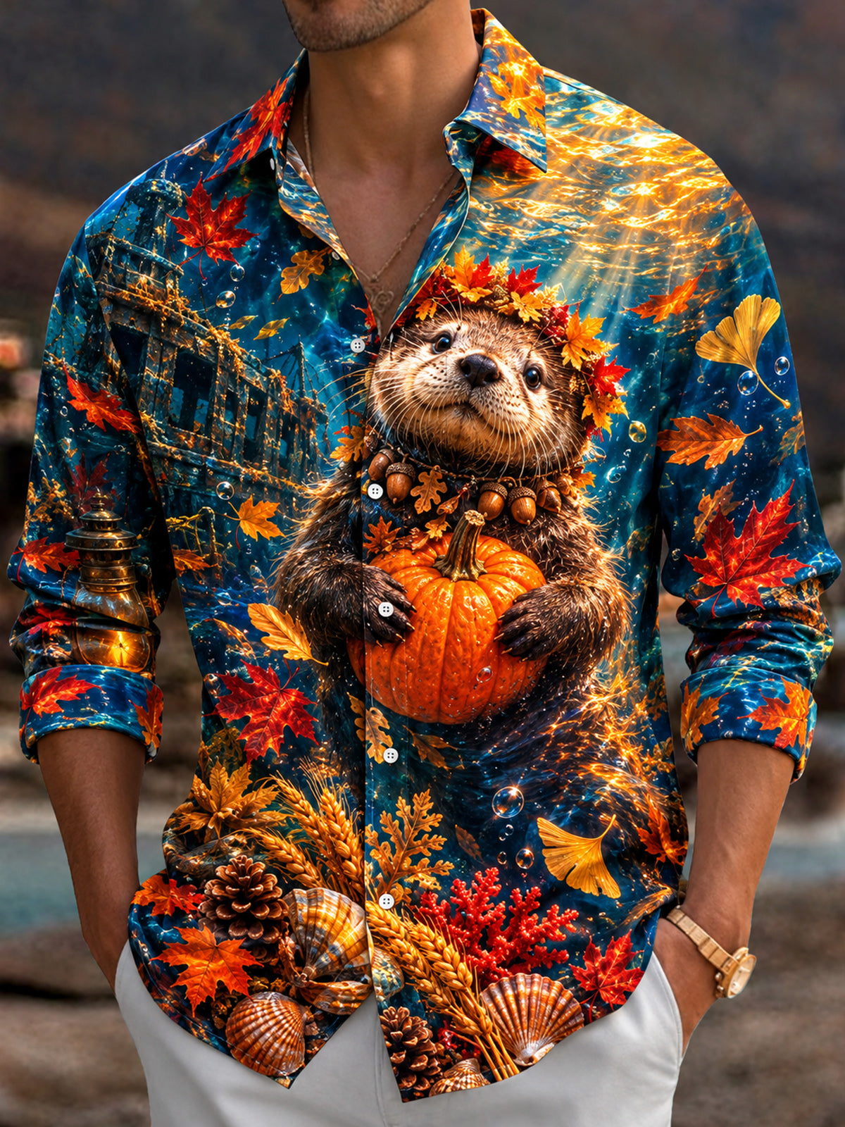 Oceanlyte Men's Long Sleeve Shirt - Autumn Otter Holding Pumpkin With Autumn Leaves Print with Chest Pocket