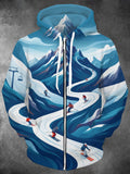 Oceanlyte Men's Long Sleeve Zip-Up Hoodie - Snowy Mountain Ski Trail With Skiers Print