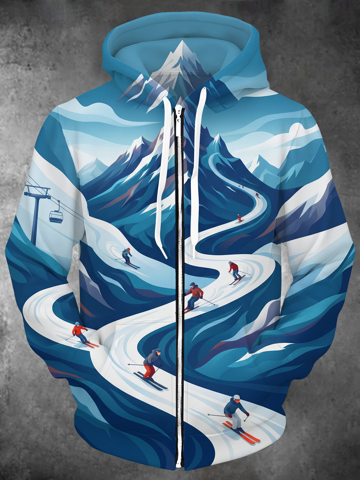 Oceanlyte Men's Long Sleeve Zip-Up Hoodie - Snowy Mountain Ski Trail With Skiers Print