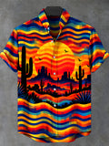 Oceanlyte Men's Short Sleeve Shirt - Desert Sunset Landscape With Cacti And Birds Print with Chest Pocket
