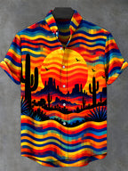 Oceanlyte Men's Short Sleeve Shirt - Desert Sunset Landscape With Cacti And Birds Print with Chest Pocket