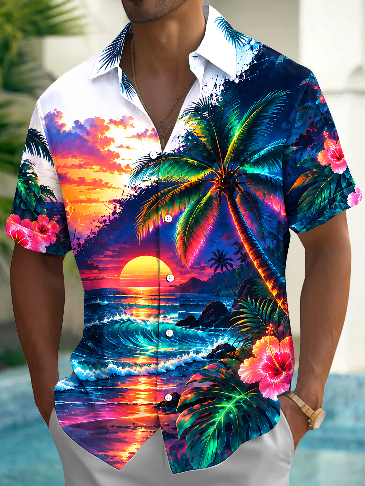 Oceanlyte Men's Palm Tree And Sunset Beach Scene Print Short Sleeve Shirt with Chest Pocket