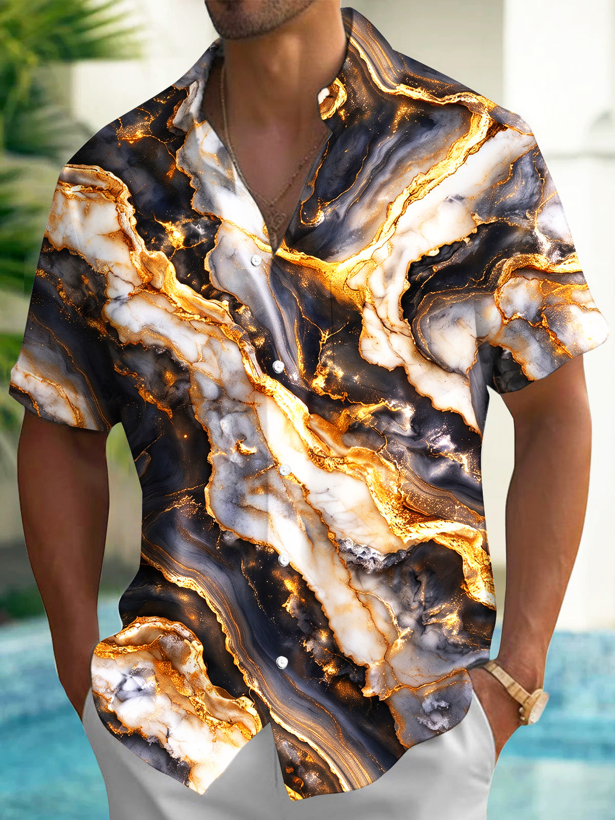 Oceanlyte Men's Patterned Black Gold Gilded Marble Print Short Sleeve Shirt with Chest Pocket