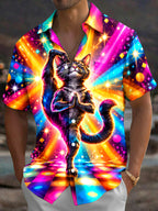 Oceanlyte Men's Graphic Yoga Cat With Disco Background Print Short Sleeve Shirt with Chest Pocket