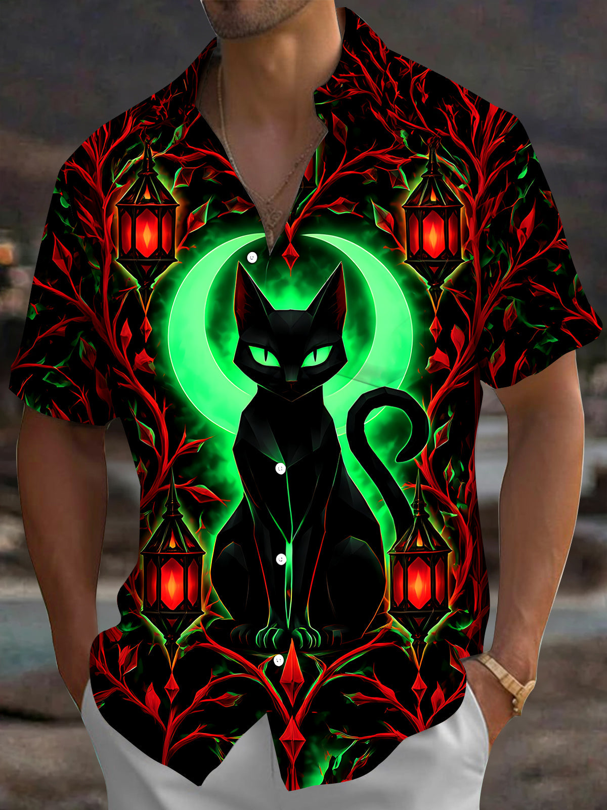 Oceanlyte Men's Short Sleeve Shirt - Halloween Black Cat With Green Moon And Red Lanterns Print with Chest Pocket