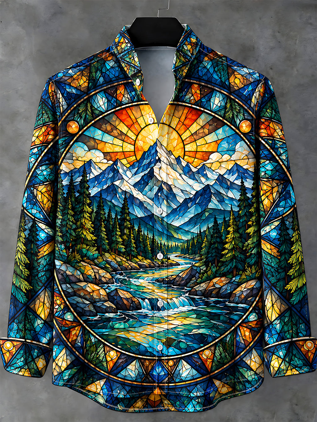 Oceanlyte Men's Long Sleeve Stand Collar Shirt - Stained Glass Mountain River Landscape Print