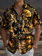 Oceanlyte Men's Hawaiian Owl And Moon With Maple Leaves Print Short Sleeve Shirt with Chest Pocket