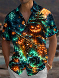 Oceanlyte Men's Graphic Halloween Pumpkin Ghost Ship Print Short Sleeve Shirt with Chest Pocket