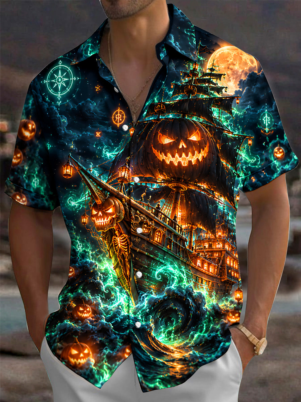 Oceanlyte Men's Graphic Halloween Pumpkin Ghost Ship Print Short Sleeve Shirt with Chest Pocket