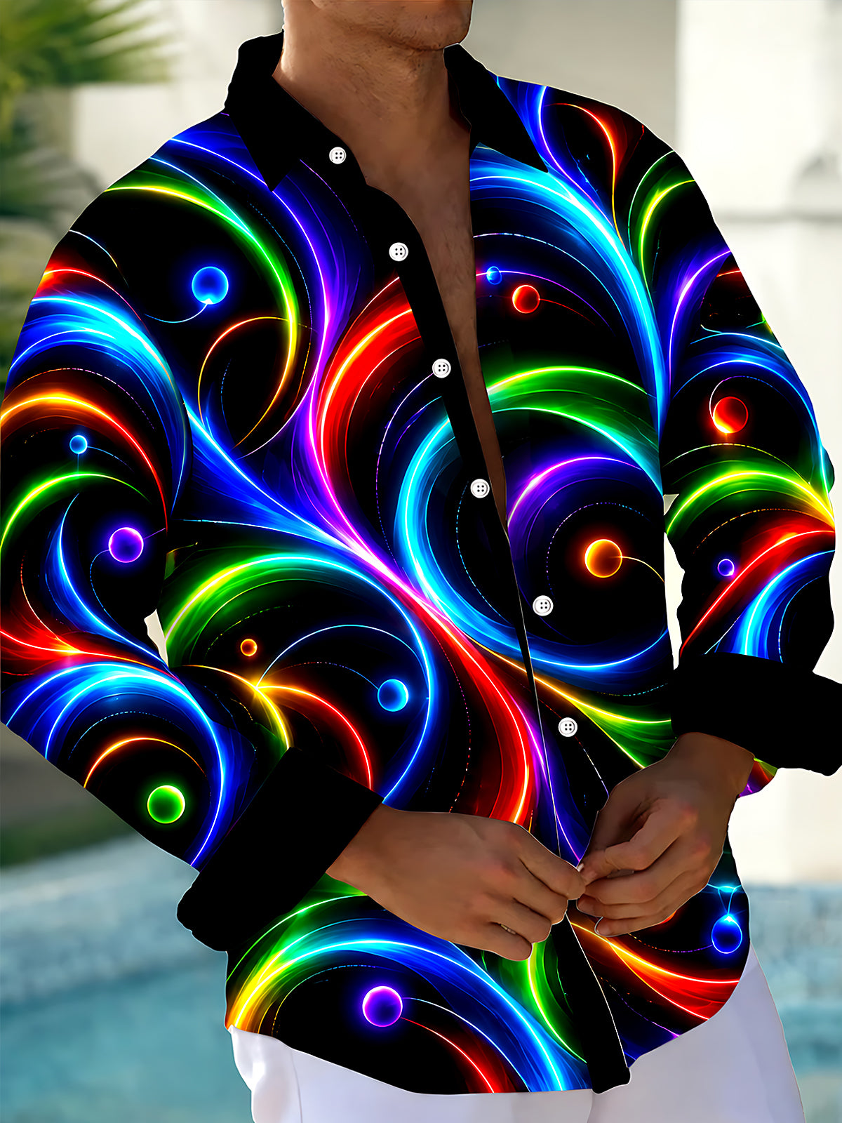 Oceanlyte Men's Printed Neon Abstract Swirls And Circles Print Long Sleeve Shirt with Chest Pocket