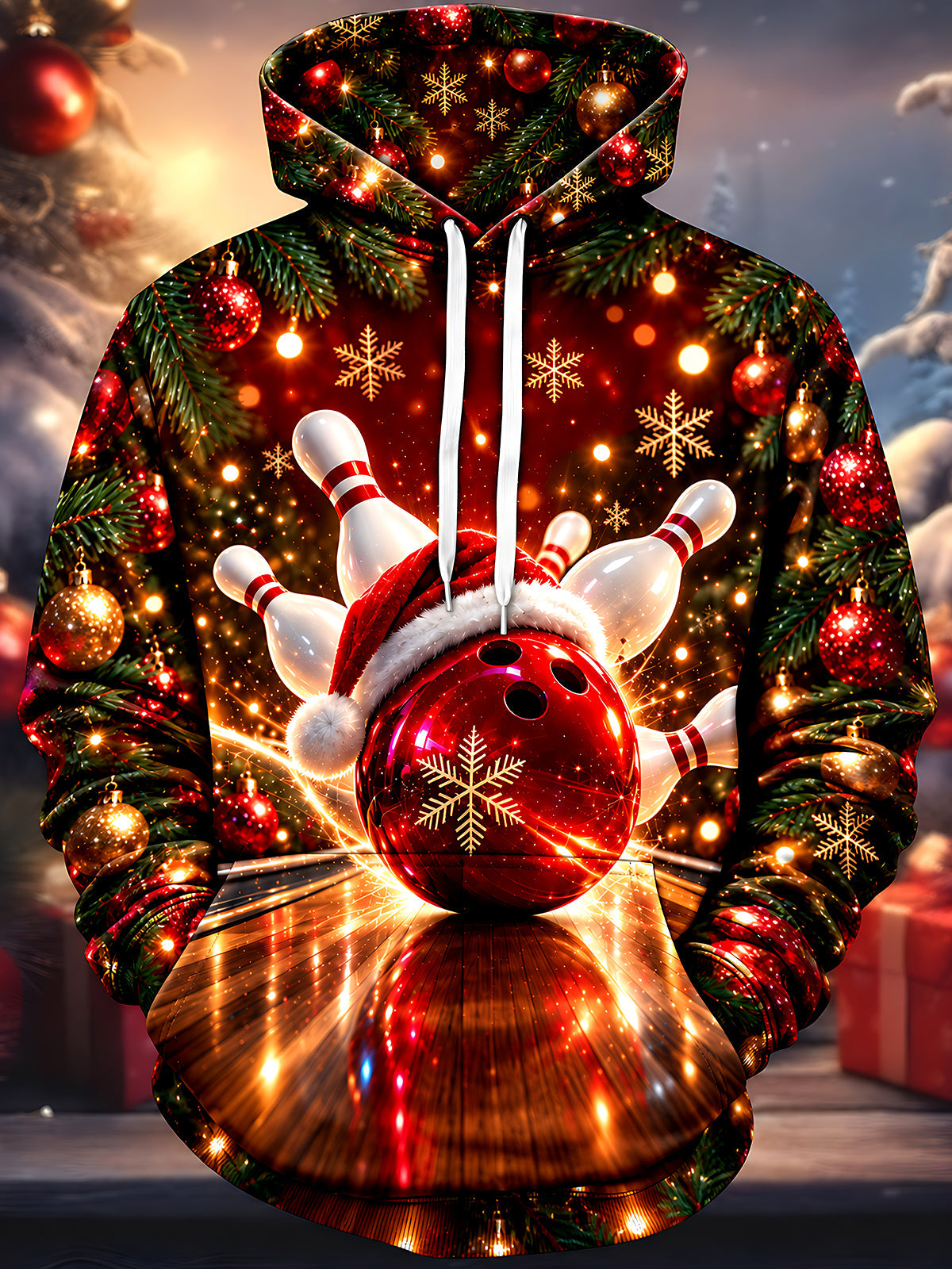 Oceanlyte Men's Long Sleeve Hoodie - Christmas Bowling Ball And Pins With Santa Hat Print