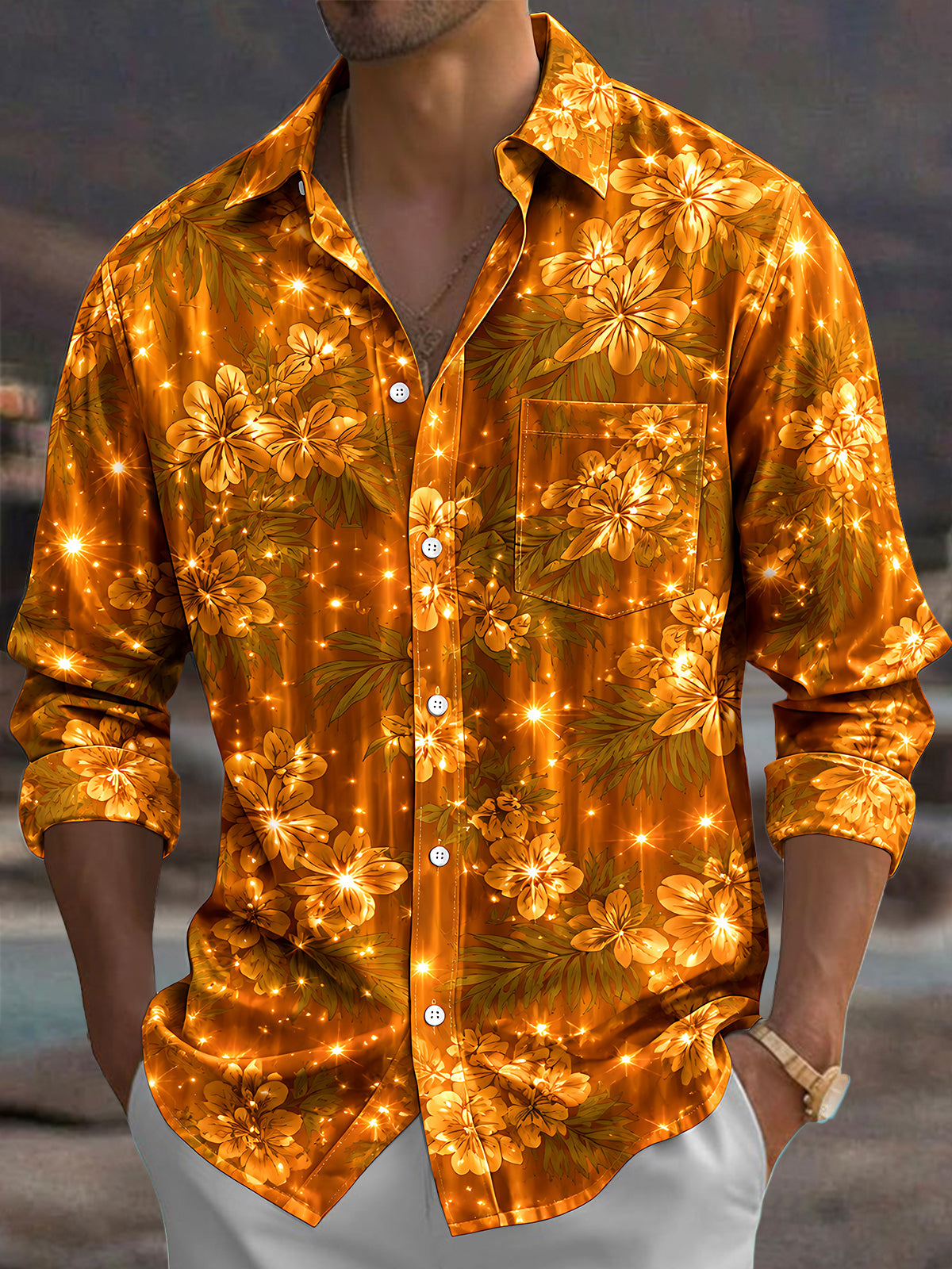 Oceanlyte Men's Golden Floral Leaves And Sparkles Print Long Sleeve Shirt with Chest Pocket