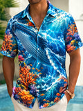 Oceanlyte Men's Hawaiian Blue Whale And Coral Reef Print Short Sleeve Shirt with Chest Pocket