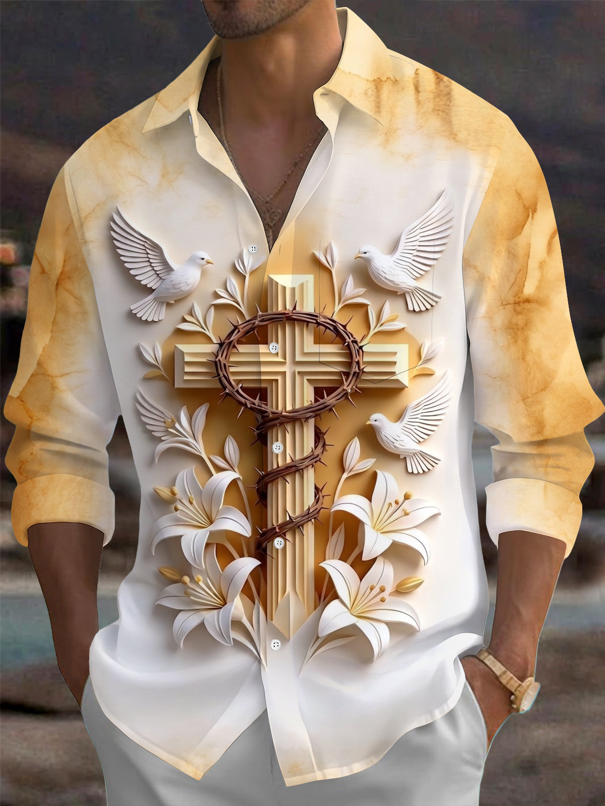 Oceanlyte Men's 3D Christian Cross With Crown Of Thorns Print Long Sleeve Shirt with Chest Pocket