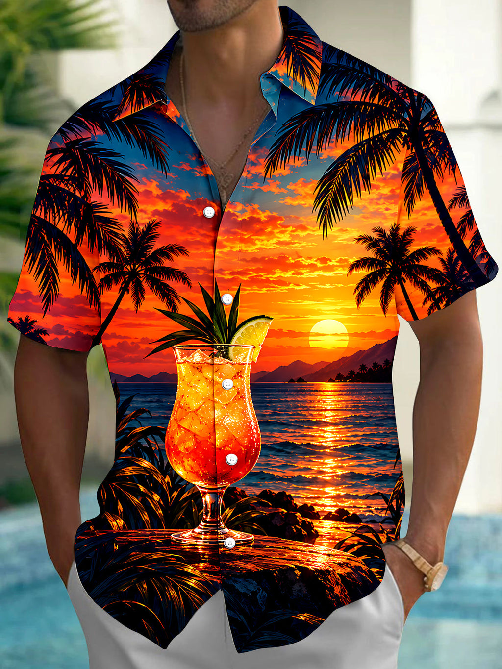 Oceanlyte Men's Short Sleeve Shirt - Tropical Sunset With Cocktail And Palm Trees Print with Chest Pocket