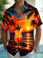 Oceanlyte Men's Short Sleeve Shirt - Tropical Sunset With Cocktail And Palm Trees Print with Chest Pocket