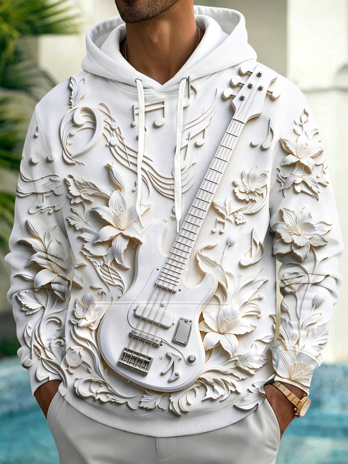 Oceanlyte Men's Graphic Embossed Guitar And Floral Pattern Long Sleeve Hoodie