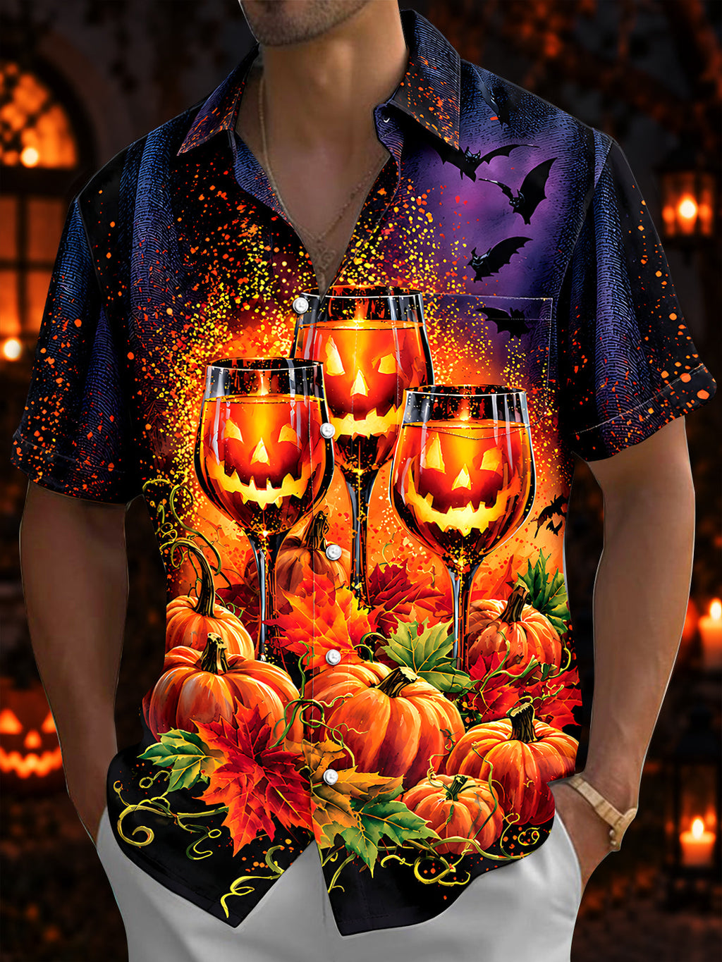 Oceanlyte Men's Short Sleeve Shirt - Halloween Jack-o-lantern Wine Glasses And Pumpkins Print with Chest Pocket