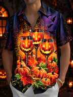 Oceanlyte Men's Short Sleeve Shirt - Halloween Jack-o-lantern Wine Glasses And Pumpkins Print with Chest Pocket
