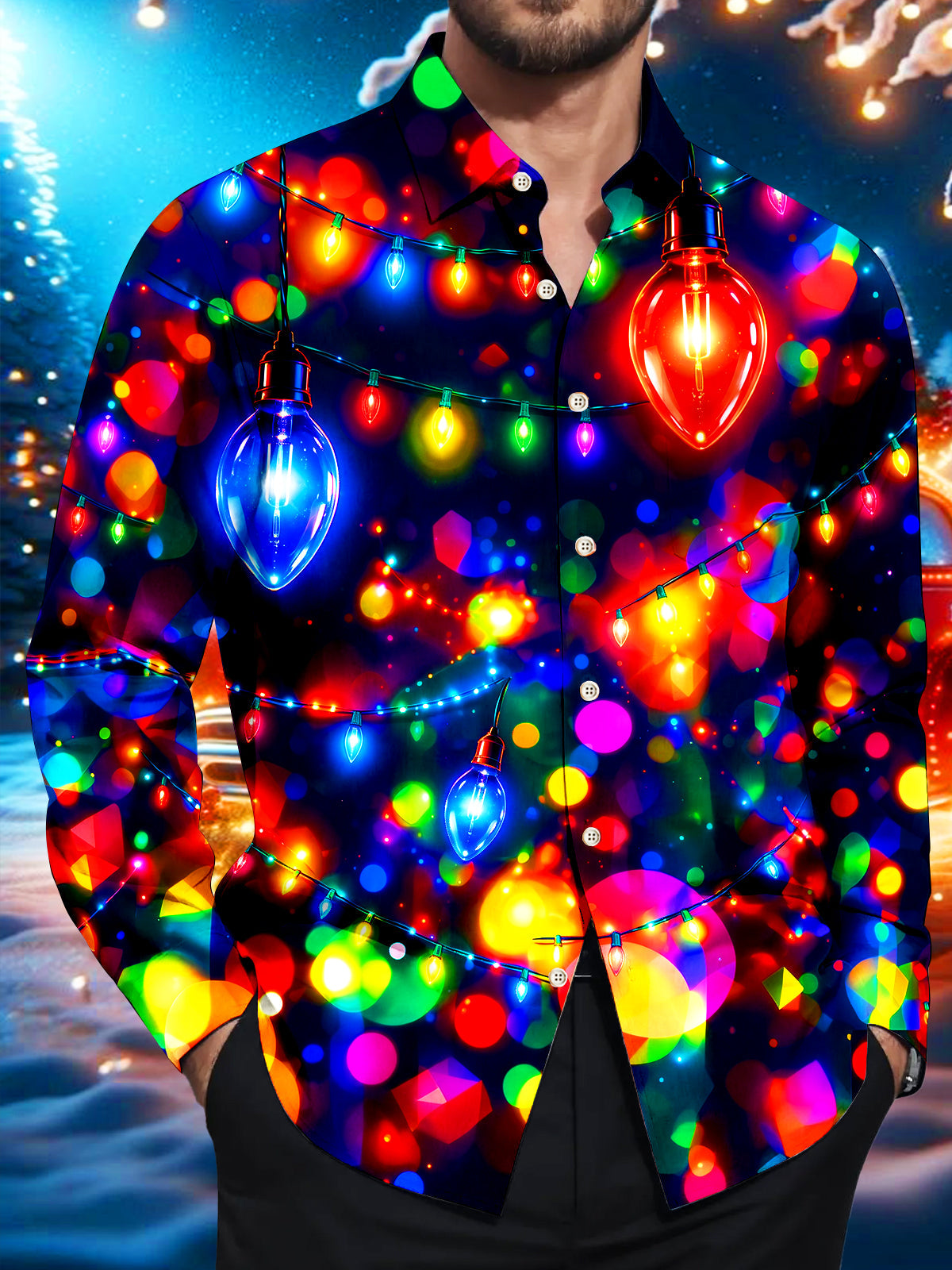 Oceanlyte Men's Colorful Christmas Light Bulbs And Bokeh Print Long Sleeve Shirt with Chest Pocket