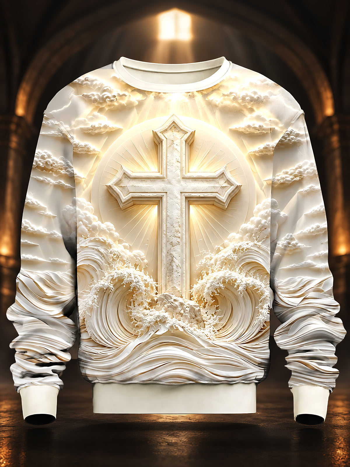 Oceanlyte Men's Graphic Religious Cross And Waves Print Long Sleeve Sweatshirt