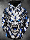Oceanlyte Men's Long Sleeve Hoodie - Demon Face With Cracked Stone Texture And Blue Lightning Print