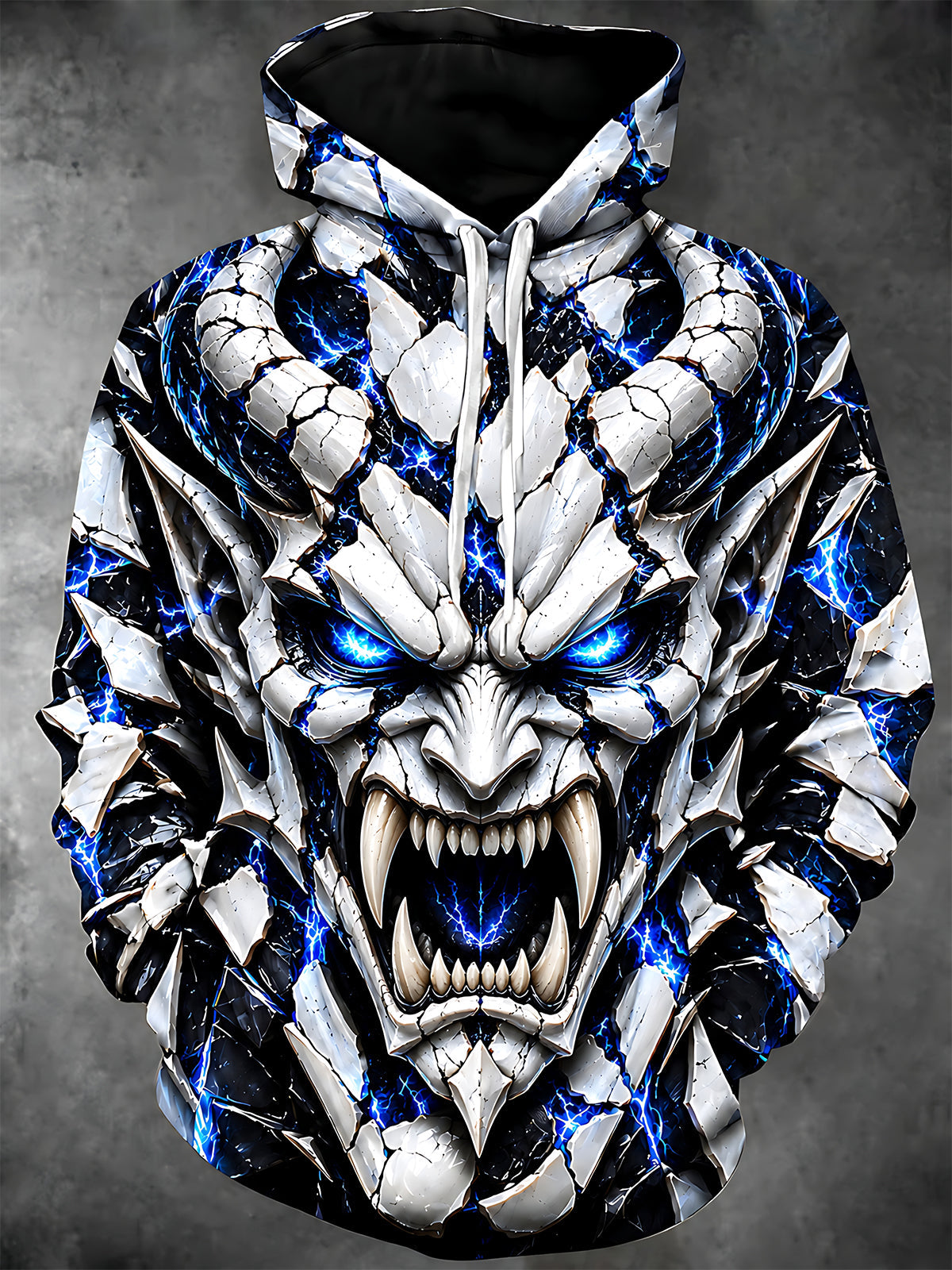 Oceanlyte Men's Long Sleeve Hoodie - Demon Face With Cracked Stone Texture And Blue Lightning Print