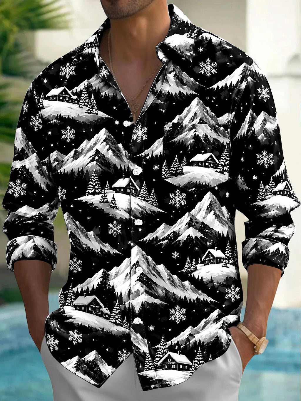 Oceanlyte Men's Printed Snowy Mountains And Cabins Print Long Sleeve Shirt with Chest Pocket