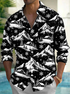 Oceanlyte Men's Printed Snowy Mountains And Cabins Print Long Sleeve Shirt with Chest Pocket