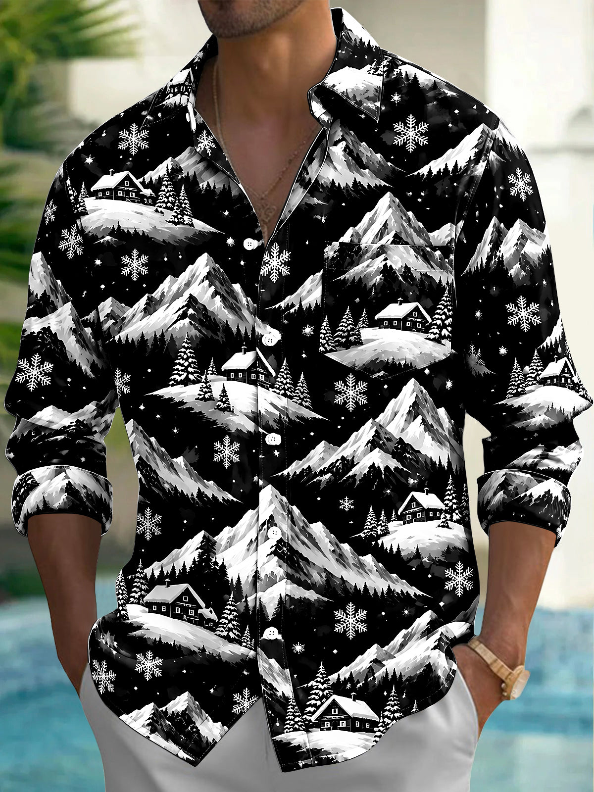 Oceanlyte Men's Printed Snowy Mountains And Cabins Print Long Sleeve Shirt with Chest Pocket