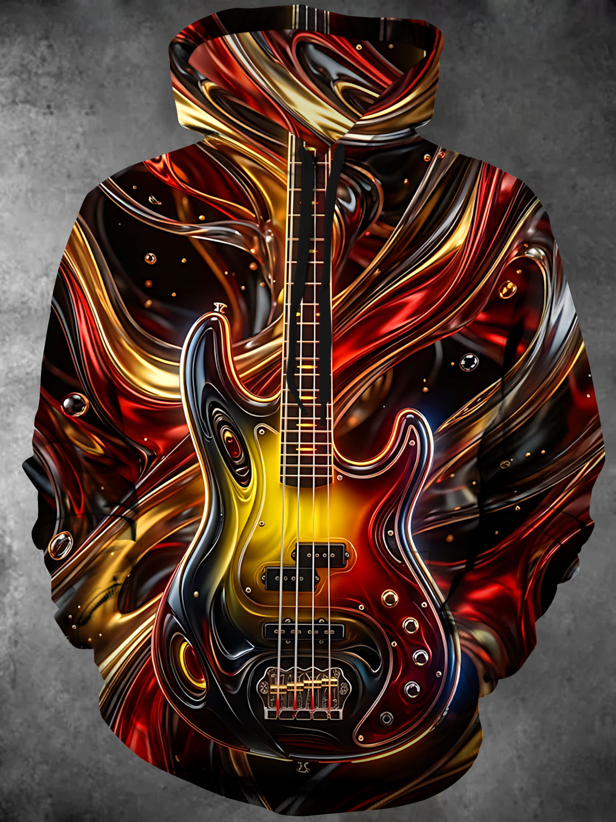 Oceanlyte Men's Abstract Liquid Metal Bass Guitar Print Long Sleeve Hoodie