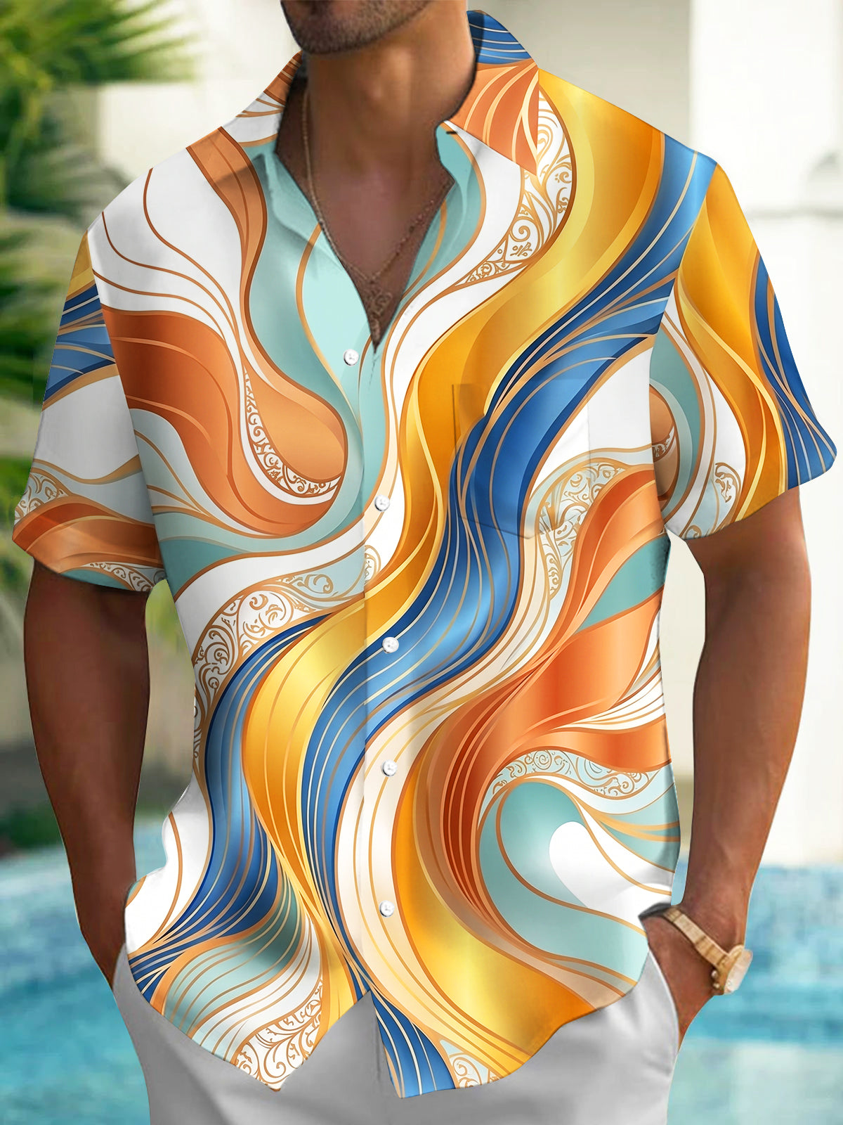 Oceanlyte Men's Printed Abstract Colorful Waves Print Short Sleeve Shirt with Chest Pocket