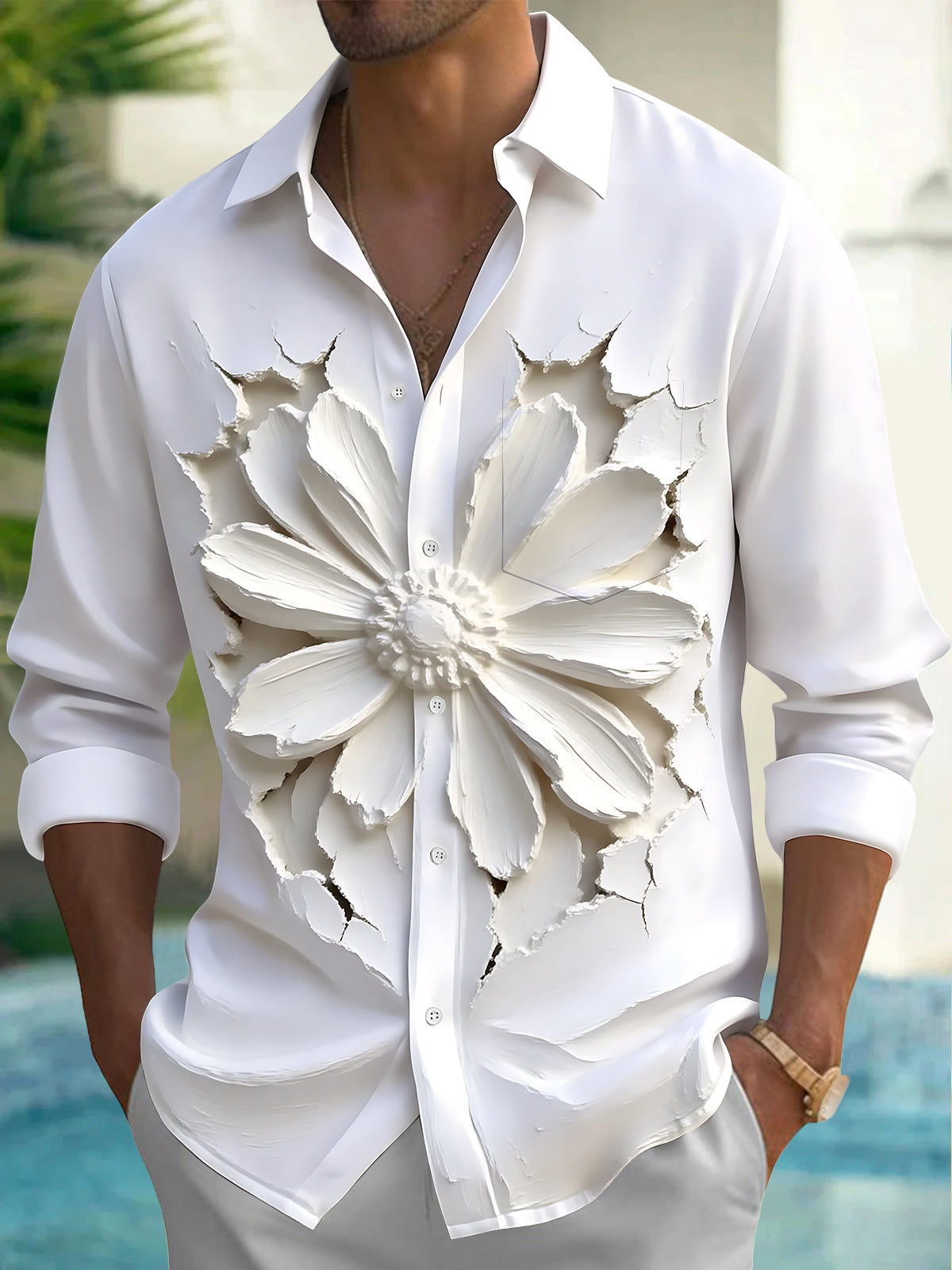 Oceanlyte Men's 3D 3D Relief Flower Print Long Sleeve Shirt with Chest Pocket