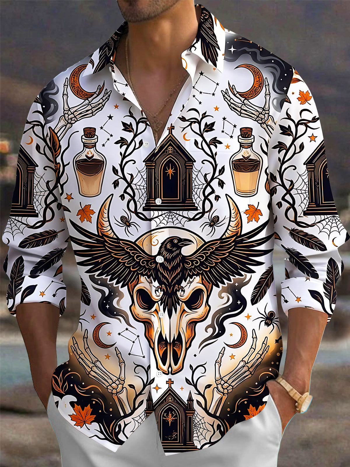 Oceanlyte Men's Graphic Halloween Skull And Raven Print Long Sleeve Shirt with Chest Pocket