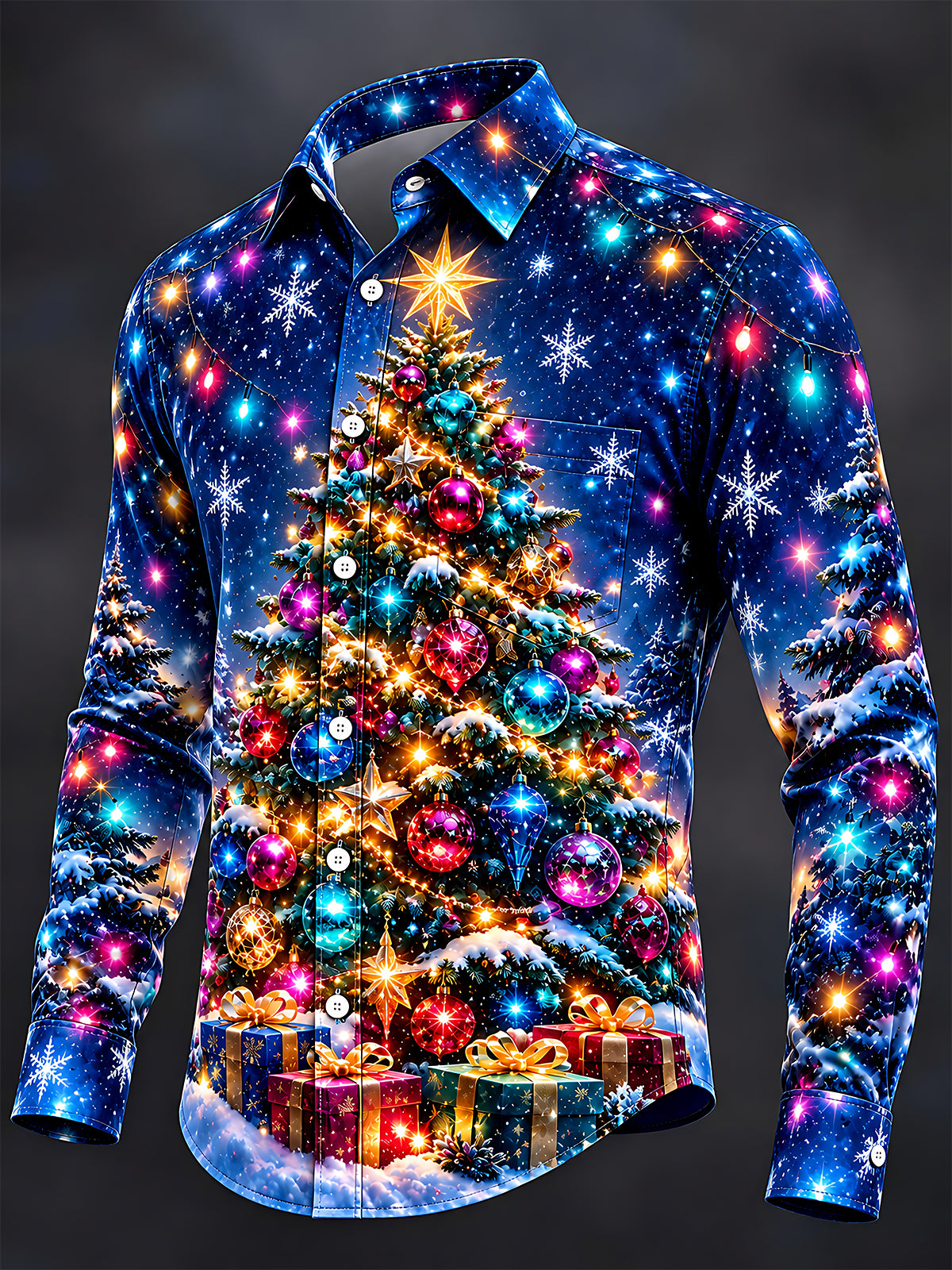 Oceanlyte Men's Christmas Tree With Ornaments And Gifts Print Long Sleeve Shirt with Chest Pocket