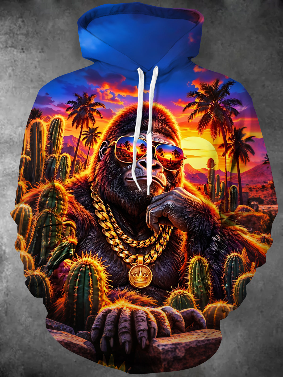 Oceanlyte Men's Long Sleeve Hoodie - Orangutan With Sunglasses And Gold Chain In Desert Sunset Print