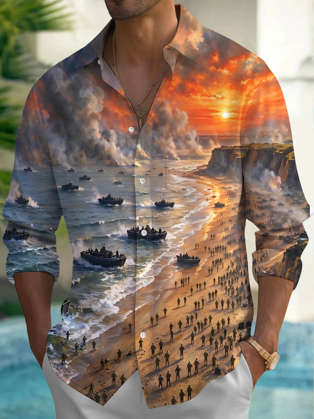 The "Pointe du Hoc" Oceanlyte Men's Long Sleeve Shirt - D-day Beach Landing Scene Print with Chest Pocket