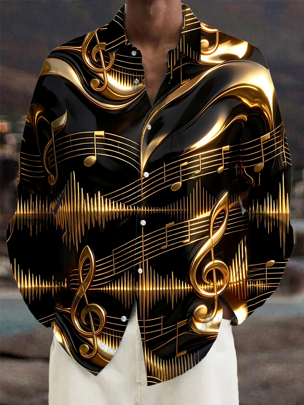 Oceanlyte Men's Gold Musical Notes And Sound Waves Print Long Sleeve Shirt with Chest Pocket