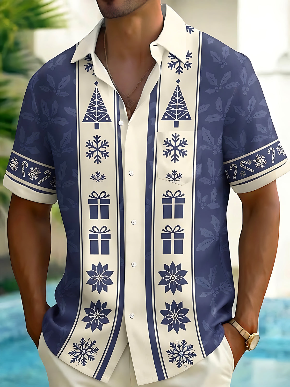 Oceanlyte Men's Short Sleeve Shirt - Christmas Trees Snowflakes Gift Boxes And Poinsettias Print with Chest Pocket