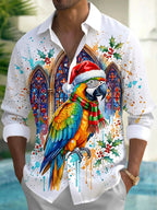 Oceanlyte Men's Long Sleeve Shirt - Christmas Parrot With Santa Hat And Scarf Print with Chest Pocket